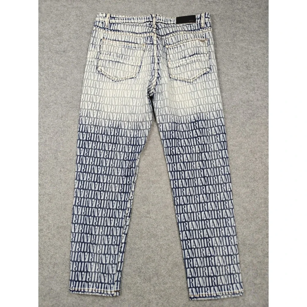 Amiri Jeans Mens 32x32 Blue Medium Wash Allover Logo Skinny Slim Denim Pants